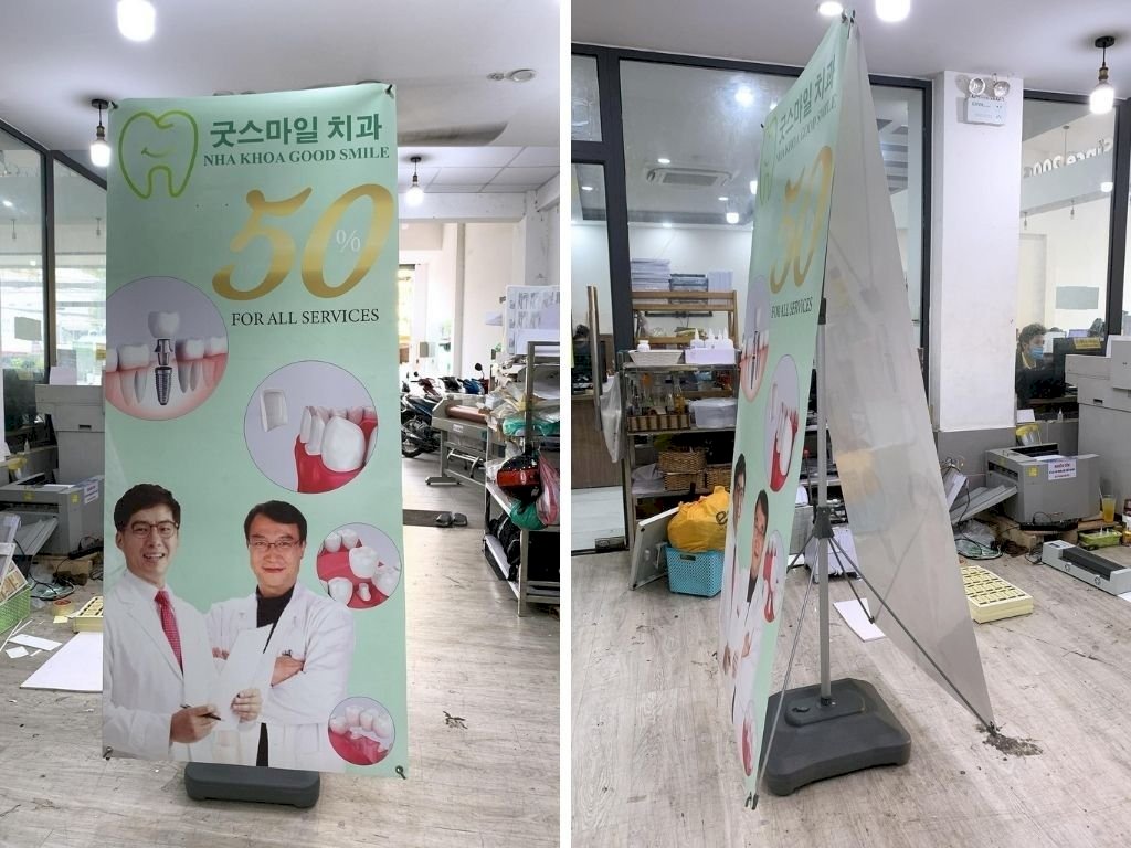 In Standee cản gió, standee đế nước 2 mặt ngoài trời tại Việt Nam Printing